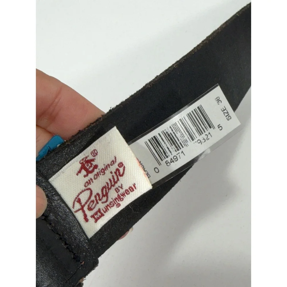 Original Penguin Mens Black Leather Belt Size 36 Brushed Silver Buckle NWT